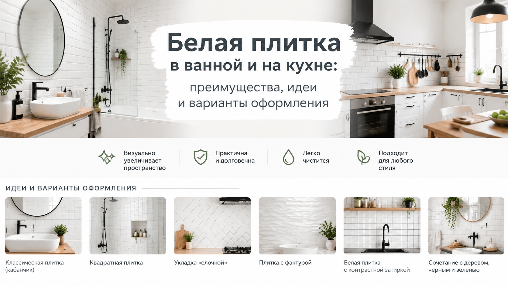 Белая плитка в ванной и на кухне: преимущества, идеи и варианты оформления